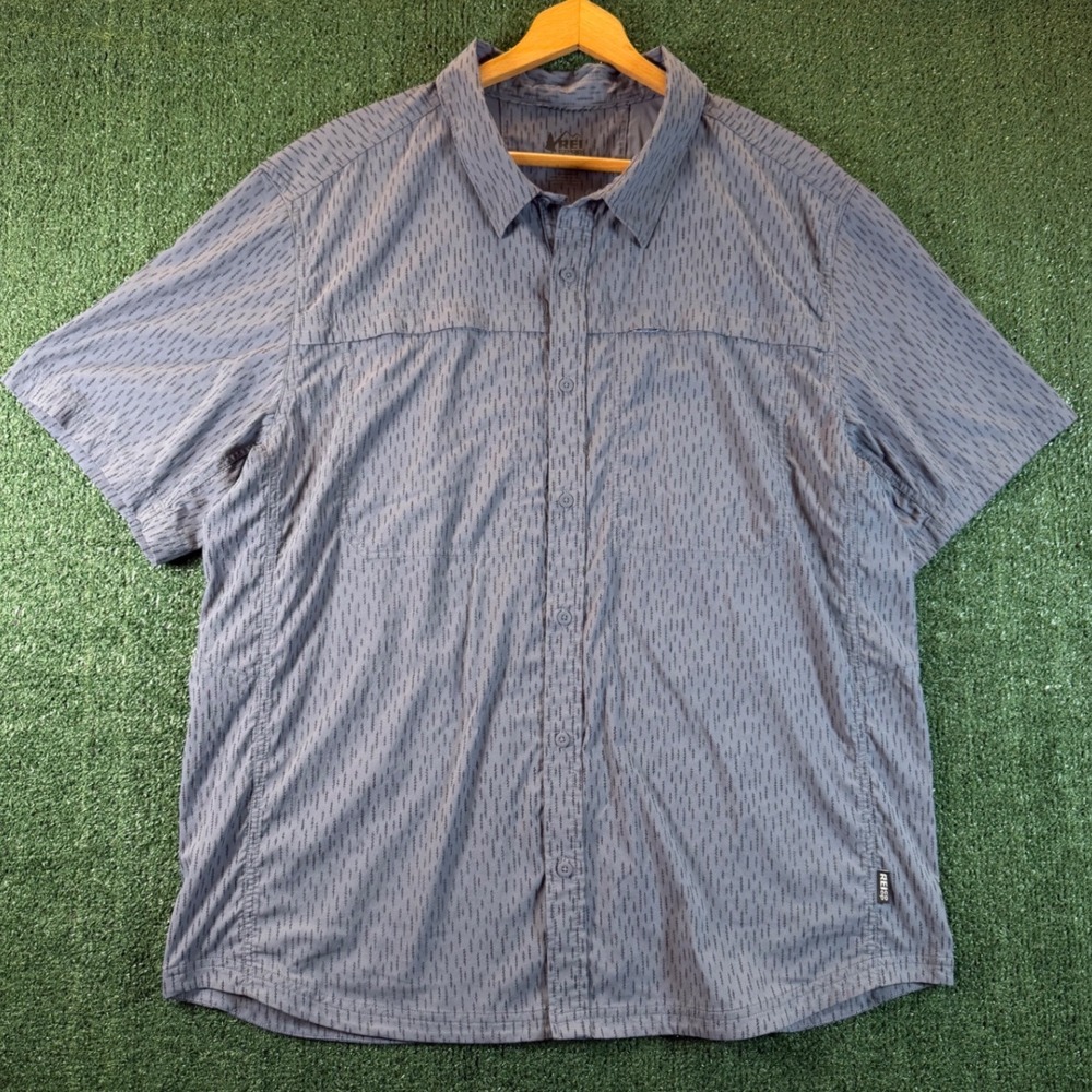 REI Co-op Button Up Shirt Mens XL Blue Good Short Sleeve Tree Print Hiking
